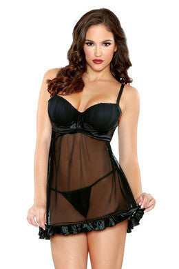 Shirred Cup Babydoll and  Panty Set - Black - Medium-Large