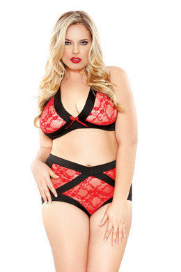 Two Tone Lace Peek-a-boo  Cutout Bra Set - Red - 3x-4x