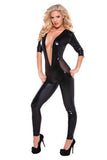 Kitten Wetlook and Mesh  Catsuit - Black - One Size