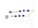 Nipple Clamp - Tweezer -  Chrome - Blue Beads - Pearl  Drop