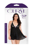 Pleated Halter Lace Up Cup  Chemise Set- Black - 3x-4x