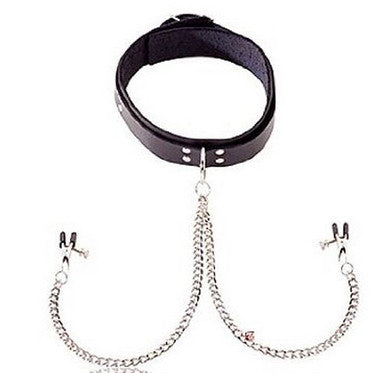 Black Leather Collar with Broad Tip Clamps