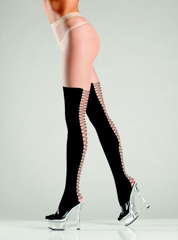 Mock Lace-Up Tights - Nude /Black - One Size