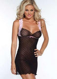 Polka Dot Mesh Chemise with Lace Straps- Black with Pink Polka Dots