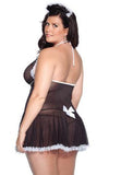 2 Piece Plus Size Mesh French Maid Babydoll With Apron- Black/White
