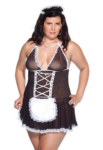 2 Piece Plus Size Mesh French Maid Babydoll With Apron- Black/White