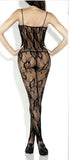 Floral Lace Bodystocking With Deep-V  Satin - Black - Queen