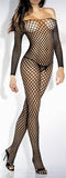 Long Sleeve Crochet Net Bodystocking - Black