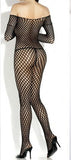 Long Sleeve Crochet Net Bodystocking - Black - Queen Size