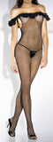 Off The Shoulder Ruffle Fishnet Bodystocking With Lace - Black