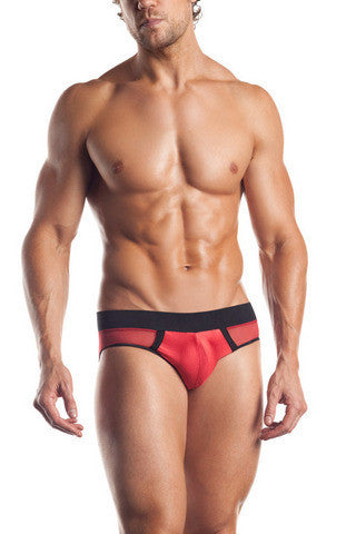 Mesh Brief With Contrast Trim - Red-Black - One Size