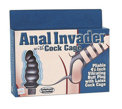 Anal Invader With Cock Cage Butt Plug With Latex Cage 4.5-inch
