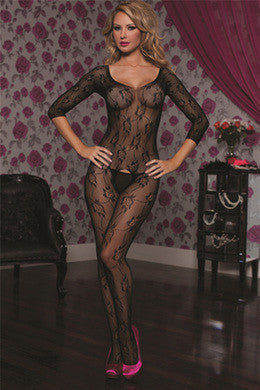 Floral Lace Body Stocking  - Black - One Size