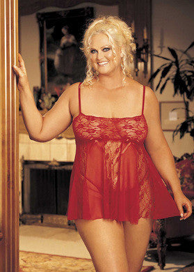 Stretch Lace and Sheer Net  Babydoll - Red - Queen Size