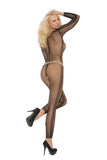 Deep V Long Sleeve Bodystocking - Black - One