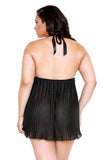 Pleated Halter Lace Up Cup  Chemise Set - Black - 1x-2x