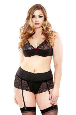 Lace Bra Set with Matching  Gartered Crotchless Tap Shorts - Black - 3X-4X
