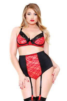 Fringe Bra and Cutout Panty  Set - Black and Red - 1x-2x