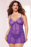 Diamond Mesh Chemise and Thong  Set - Purple - Queen Size