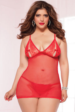 Fishnet and Lace Chemise with  Thong - Red - Queen Size