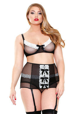 3-piece Bra and Highwaisted  Garterbelt Set - Black and  White - 1x-2x